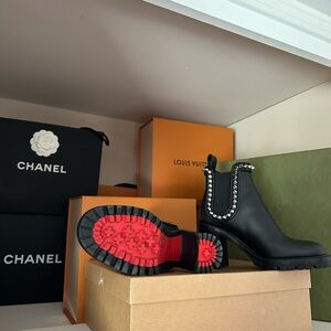 Christian Louboutin Black Studded Chelsea Boot with Red Sole